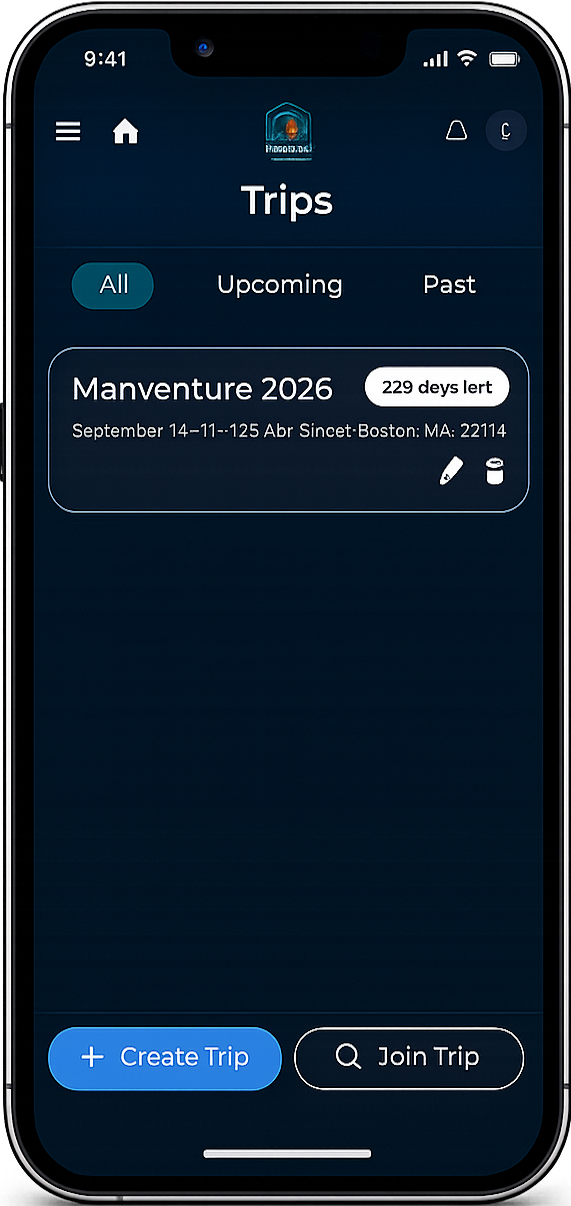 TripLogix trips overview screen showing upcoming and past trips